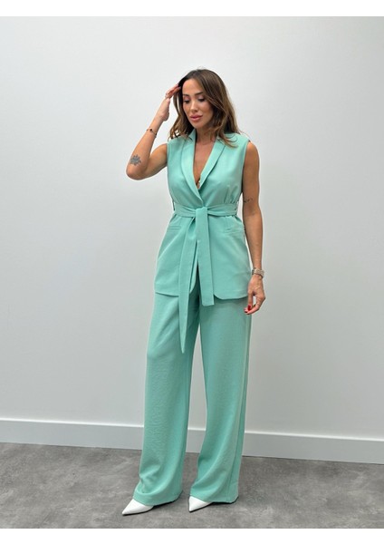 Kadın Mila Kuşaklı Yelek Palazzo Pantolon Yeşil Takım modelleri