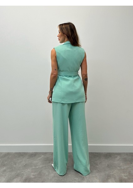 Kadın Mila Kuşaklı Yelek Palazzo Pantolon Yeşil Takım indirimleri