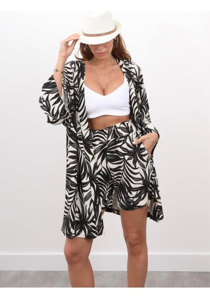 Kadın Tropik Yaprak Beyaz Keten Kimona Takım fiyatları