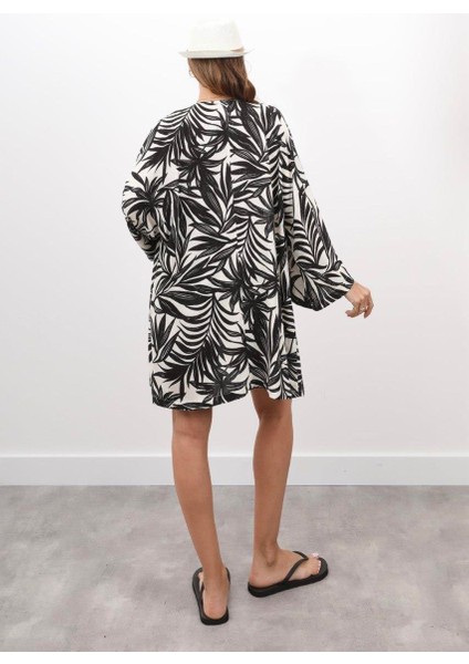 Kadın Tropik Yaprak Beyaz Keten Kimona Takım modelleri