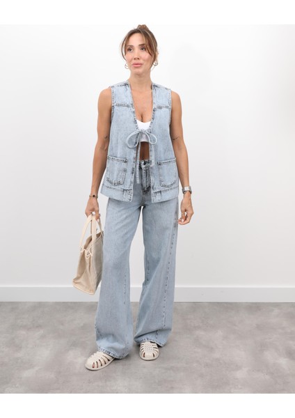 Kadın Denim Yelek Açık Mavi Pantolon Takım