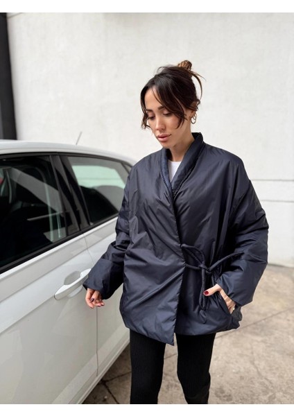 Kadın Kruvaze Kimono Bağlamalı Şişme Lacivert Ceket