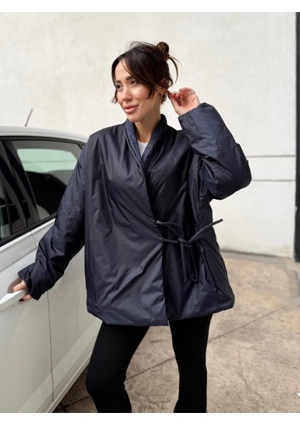 Kadın Kruvaze Kimono Bağlamalı Şişme Lacivert Ceket modelleri