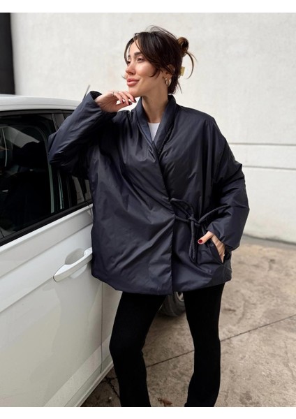 Kadın Kruvaze Kimono Bağlamalı Şişme Lacivert Ceket fırsatları