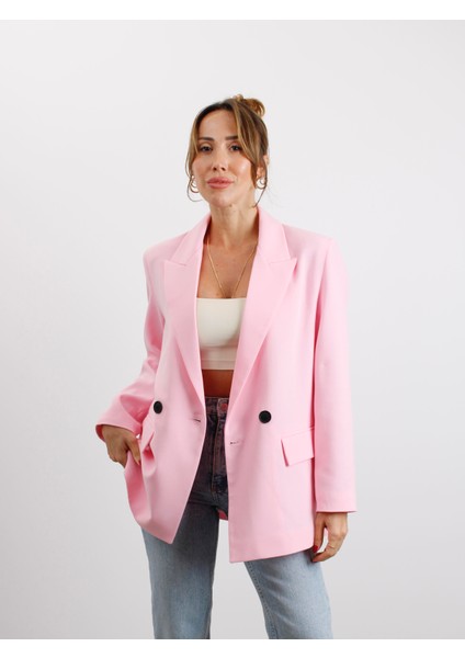 Kadın Poliviskon Kumaş Astarlı Pembe Blazer Ceket