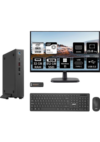 Veriton 2000 Intel Core I5 1334U 32GB 512GB SSD 23.8" Fhd Monitör W11P Mini Masaüstü Bilgisayar & Per4 USB Bellek DTR3PEM001MNT1427