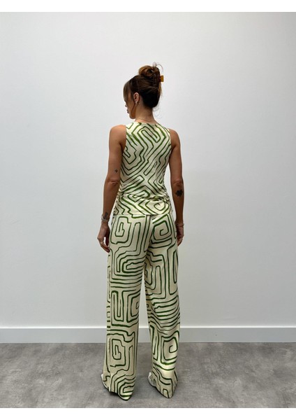 Kadın Modern Desenli Yeşil Bluz Pantolon Takım modelleri