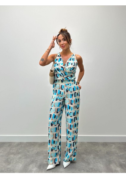 Kadın Modern Desenli Mavi Bluz Pantolon Takım