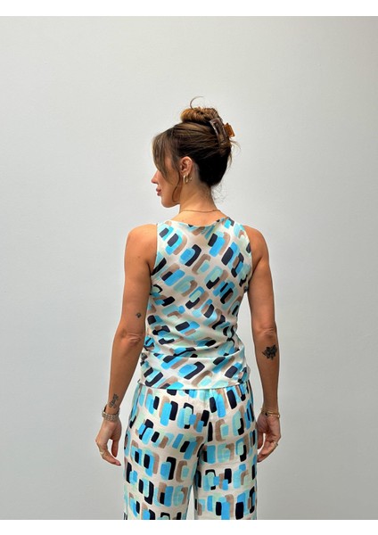 Kadın Modern Desenli Mavi Bluz Pantolon Takım modelleri