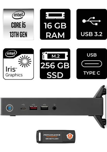 Veriton 2000 Intel Core I5 1334U 16GB 256GB SSD Fdos Mini Masaüstü Bilgisayar & Per4 USB Bellek DTR3PEM001P311