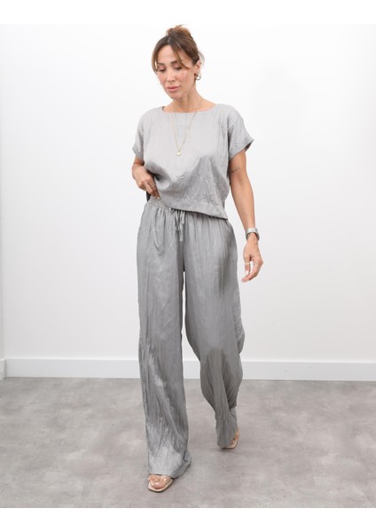 Kadın Crush Kumaş Bluz Pantolon Gri Takım