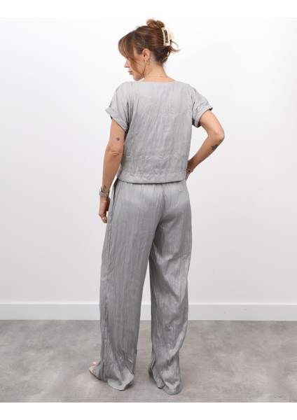 Kadın Crush Kumaş Bluz Pantolon Gri Takım modelleri