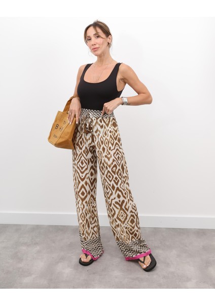 Kadın Etnik Desen Bel Lastikli Krem Pantolon