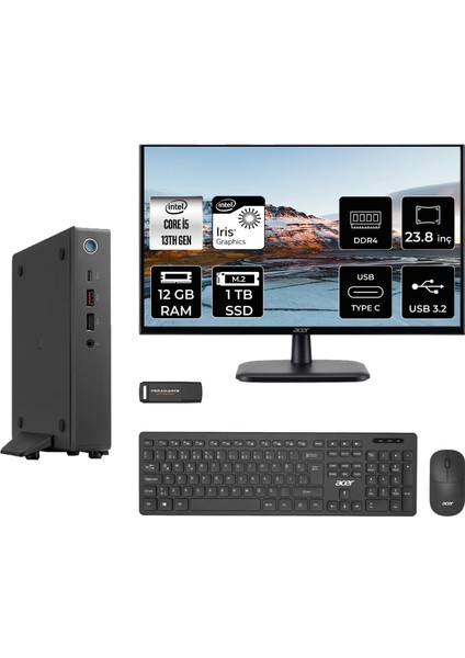 Veriton 2000 Intel Core I5 1334U 12GB 1tb SSD 23.8" Fhd Monitör Fdos Mini Masaüstü Bilgisayar & Per4 USB Bellek DTR3PEM001MNT1308