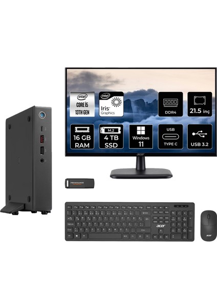 Veriton 2000 Intel Core I5 1334U 16GB 4tb SSD 21.5" Fhd Monitör W11H Mini Masaüstü Bilgisayar & Per4 USB Bellek DTR3PEM001MNT365