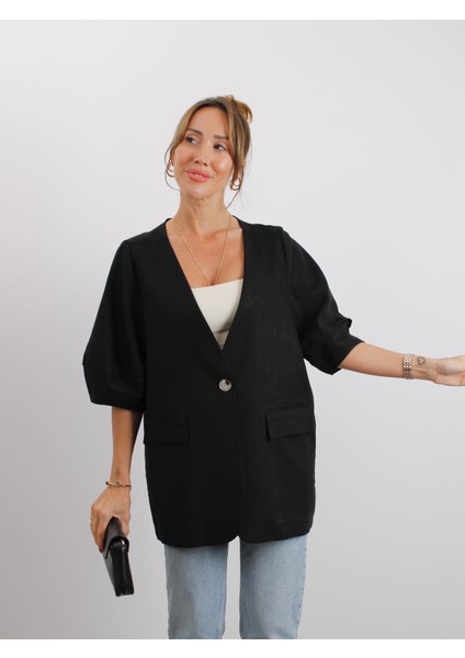 Kadın Astarsız Siyah Balon Kol Keten Ceket