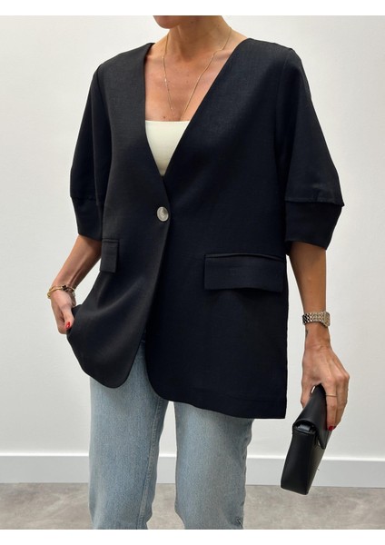 Kadın Astarsız Siyah Balon Kol Keten Ceket fiyatları