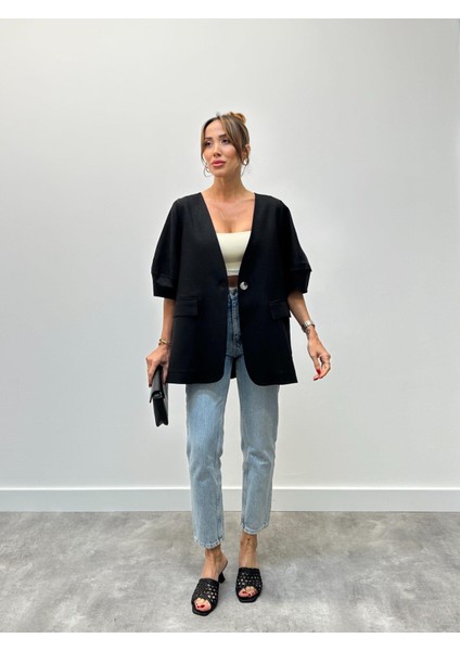 Kadın Astarsız Siyah Balon Kol Keten Ceket modelleri