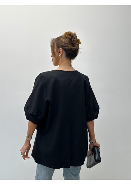 Kadın Astarsız Siyah Balon Kol Keten Ceket fırsatları