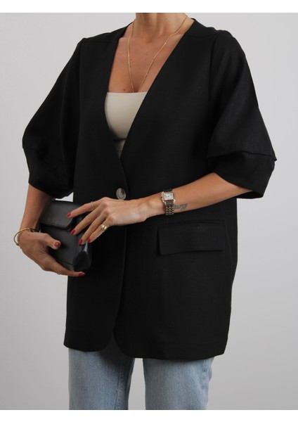 Kadın Astarsız Siyah Balon Kol Keten Ceket indirimleri