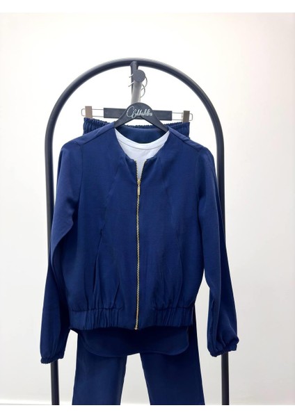 Kadın Fermuarlı Ceket Pantolon Alt-Üst Lacivert Takım