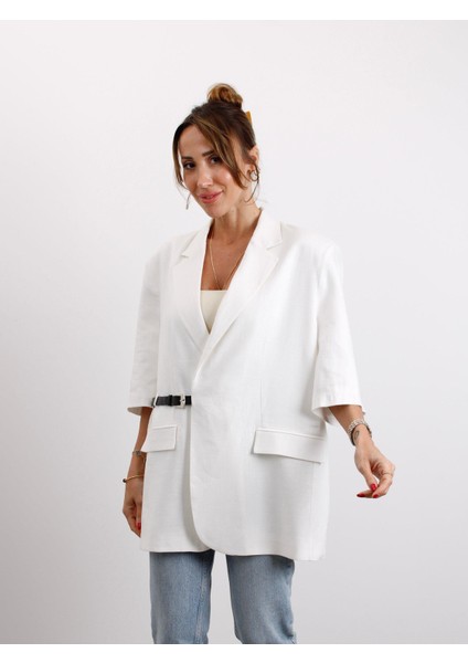 Kadın Kruvaze Yaka Kemerli Beyaz Keten Ceket