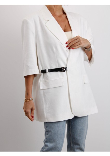 Kadın Kruvaze Yaka Kemerli Beyaz Keten Ceket fiyatları