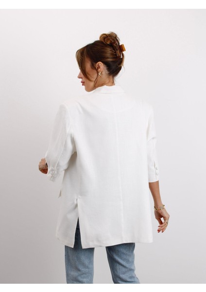 Kadın Kruvaze Yaka Kemerli Beyaz Keten Ceket modelleri