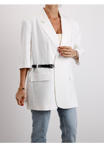 Kadın Kruvaze Yaka Kemerli Beyaz Keten Ceket fırsatları