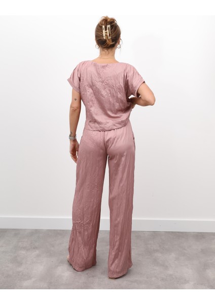 Kadın Crush Kumaş Bluz Pantolon Gül Kurusu Takım modelleri