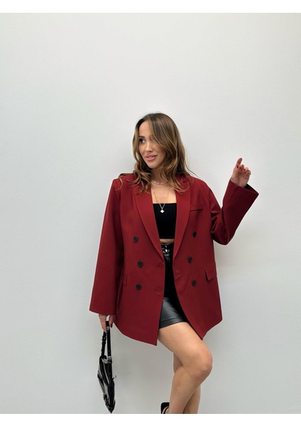 Kadın Kruvaze Yaka Düğmeli Bordo Ceket