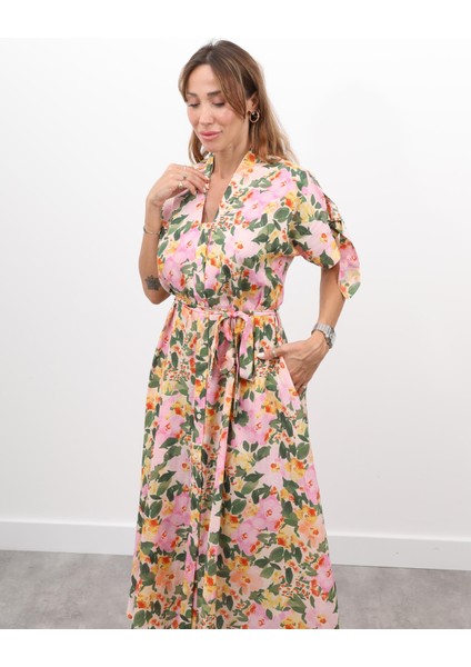 Kadın Çiçek Desenli Vual Kumaş Pembe Elbise modelleri