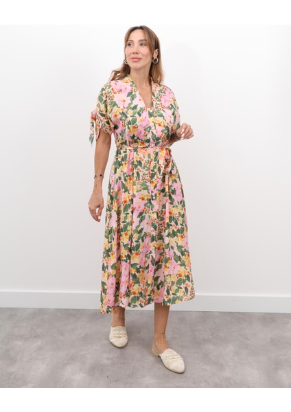 Kadın Çiçek Desenli Vual Kumaş Pembe Elbise fırsatları