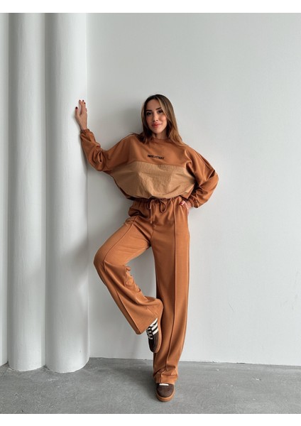 Kadın Paraşüt Detay Sweat Pantolon Sütlü Kahve Modal Takım