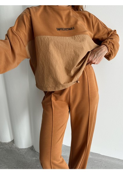 Kadın Paraşüt Detay Sweat Pantolon Sütlü Kahve Modal Takım modelleri