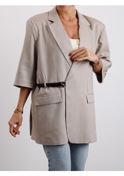 Kadın Kruvaze Yaka Kemerli Vizon Keten Ceket fiyatları