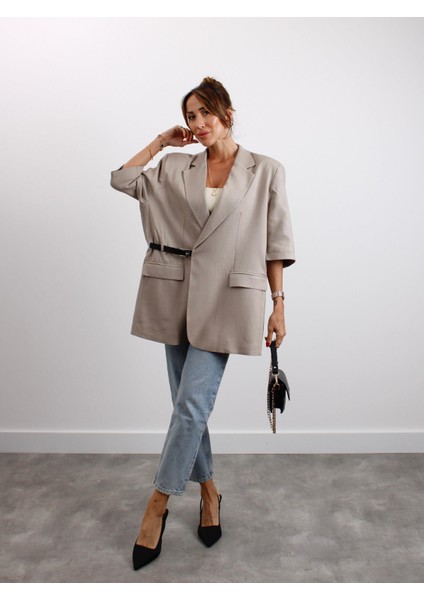 Kadın Kruvaze Yaka Kemerli Vizon Keten Ceket modelleri