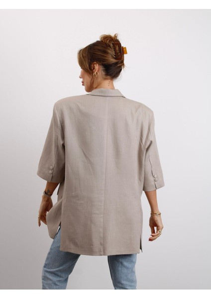 Kadın Kruvaze Yaka Kemerli Vizon Keten Ceket fırsatları