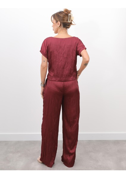 Kadın Crush Kumaş Bluz Pantolon Bordo Takım modelleri