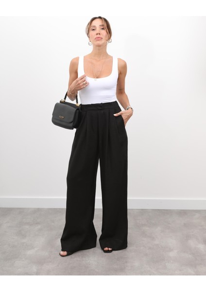 Kadın Bel Lastikli Pilise Detay Siyah Keten Palazzo Pantolon