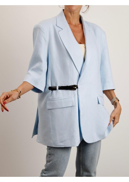 Kadın Kruvaze Yaka Kemerli Mavi Keten Ceket modelleri