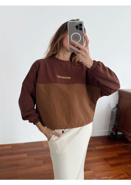 Kadın Modal Kumaş Paraşüt Detay Büzgülü Kahve Sweatshirt