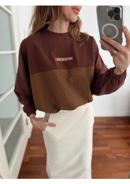 Kadın Modal Kumaş Paraşüt Detay Büzgülü Kahve Sweatshirt modelleri