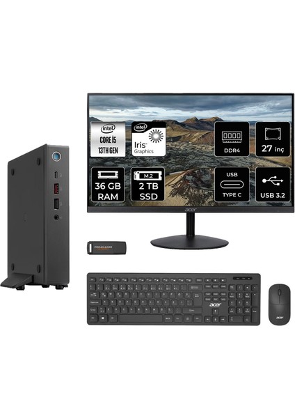 Veriton 2000 Intel Core I5 1334U 36GB 2tb SSD 27" Fhd Monitör Fdos Mini Masaüstü Bilgisayar & Per4 USB Bellek DTR3PEM001MNT2334
