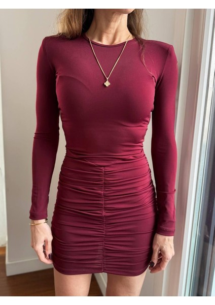 Kadın Vatkalı Drapeli Bordo Elbise fiyatları