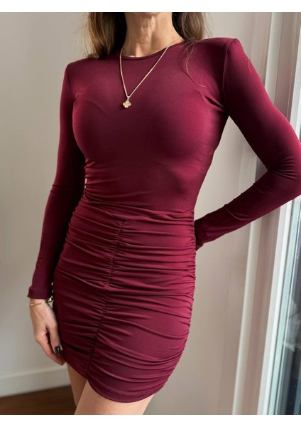 Kadın Vatkalı Drapeli Bordo Elbise modelleri