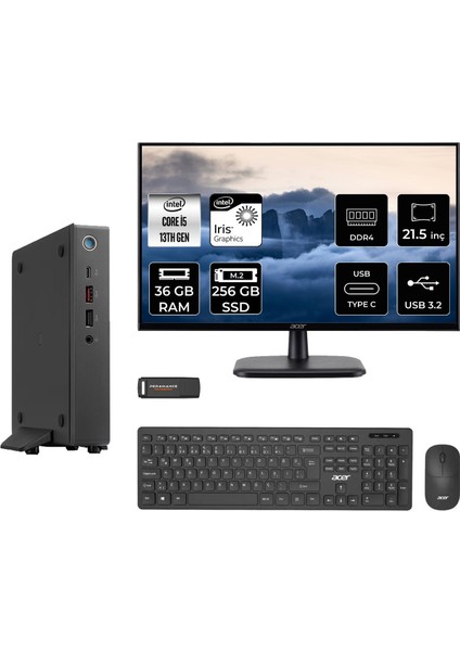 Veriton 2000 Intel Core I5 1334U 36GB 256GB SSD 21.5" Fhd Monitör Fdos Mini Masaüstü Bilgisayar & Per4 USB Bellek DTR3PEM001MNT331