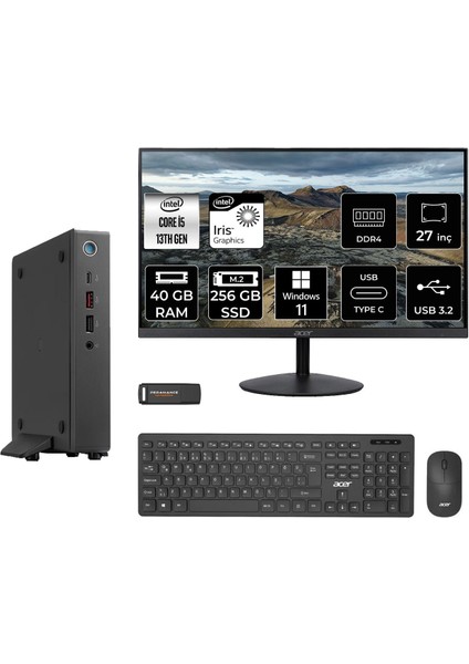 Veriton 2000 Intel Core I5 1334U 40GB 256GB SSD 27" Fhd Monitör W11H Mini Masaüstü Bilgisayar & Per4 USB Bellek DTR3PEM001MNT2386