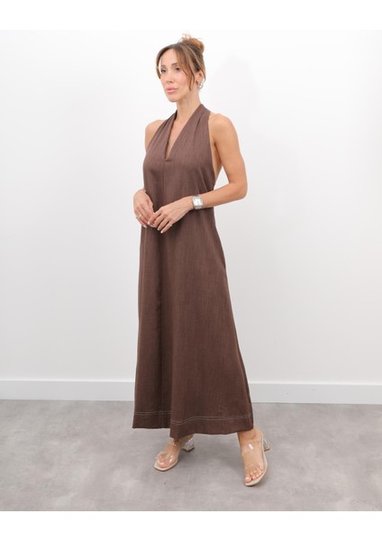 Kadın Çapraz Sırt Detay Kahverengi Askılı Elbise