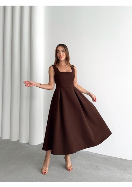 Kadın Askılı Kahverengi Balon Elbise